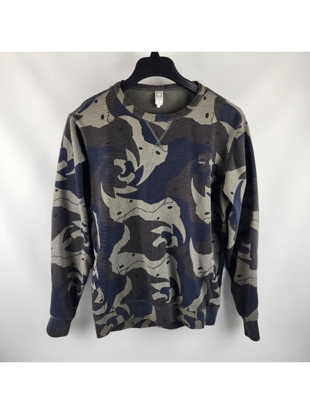 G Star RAW Sweatshirt Mens Large Green Multi Ferru Camo L/S Pullover Elbow Patch